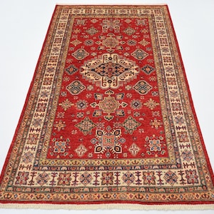 5x7 Kazak Red Area Rug, Hand Knotted Rug, Rug for Livingroom, Bedroom Rug, Veg Dyes wool, Oriental Rug, Afghan Rug, Geometric Rug, 4&#39;11x7&#39;5