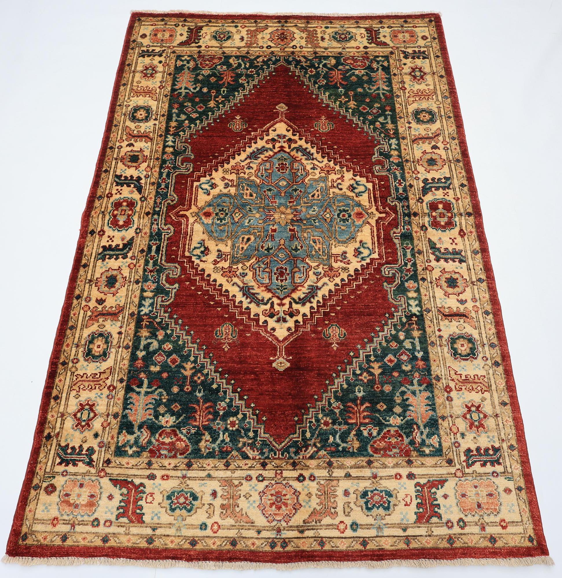 4x6 トライバル 幾何学模様 レッド エリア ラグ、ハンドノット ラグ