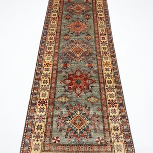 9 ft Traditional Kazak Gray Runner Rug, Afghan Hand Knotted Veg Dye Wool Rug, Bedroom Rug, Home hallway Rug, Tribal Oriental Rug 2&#39;9x8&#39;11