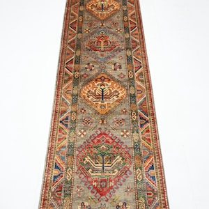 10 ft Kazak Gray Traditional Runner Rug, Afghan Hand Knotted Veg Dye Wool Rug, Bedroom Rug, hallway Rug, Tribal Oriental Rug 2&#39;8x9&#39;8