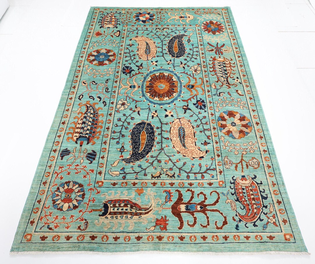 6x9 Turquoise Color Area Rug, Hand Knotted Rug, Rug for Livingroom ...