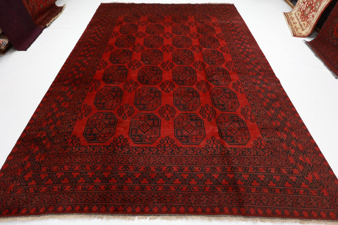 8x11 Bokhara Vintage Red Area Rug, Afghan Hand Knotted Wool Rug, Dining ...