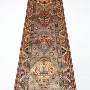 9 ft Kazak Gray Runner Rug, Afghan Hand Knotted Veg Dye Wool Rug, Bedroom Rug, Home hallway Rug, office Rug, Tribal Oriental Rug 2&#39;8x9&#39;3