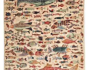 6x9 Afghan Hand-Knotted Wool Rug, Fish Beige Design