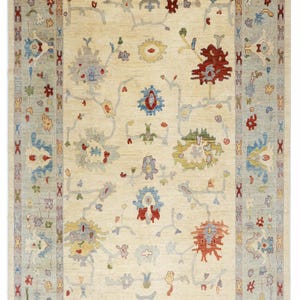 Tapis tribal Oushak beige 9 x 12 pi, tapis afghan en laine douce noué à la main, tapis de salon, tapis fait main, tapis de table à manger, tapis traditionnel