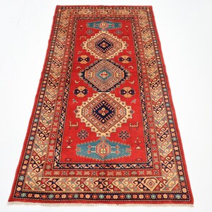 4x7 Kazak Geometric Area Rug, Hand Knotted veg Dyes Wool Rug, Kids Room Rug for Livingroom, Bedroom Rug, Afghan Rug, Oriental Tribal Rug