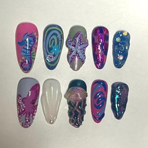 Whimsical Ocean Press On Nails| Ocean Themed Nails| Animal Lover Nails| Sea Creature Nails| 3D Nail Art