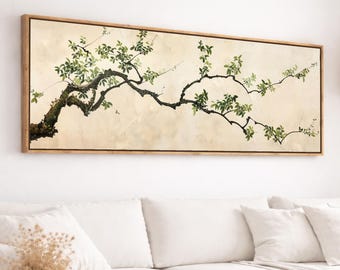 Japandi Panoramic Framed Canvas Print, Minimalist Asian Zen Tree Branch, Above Bed or Couch Decor | 31-148