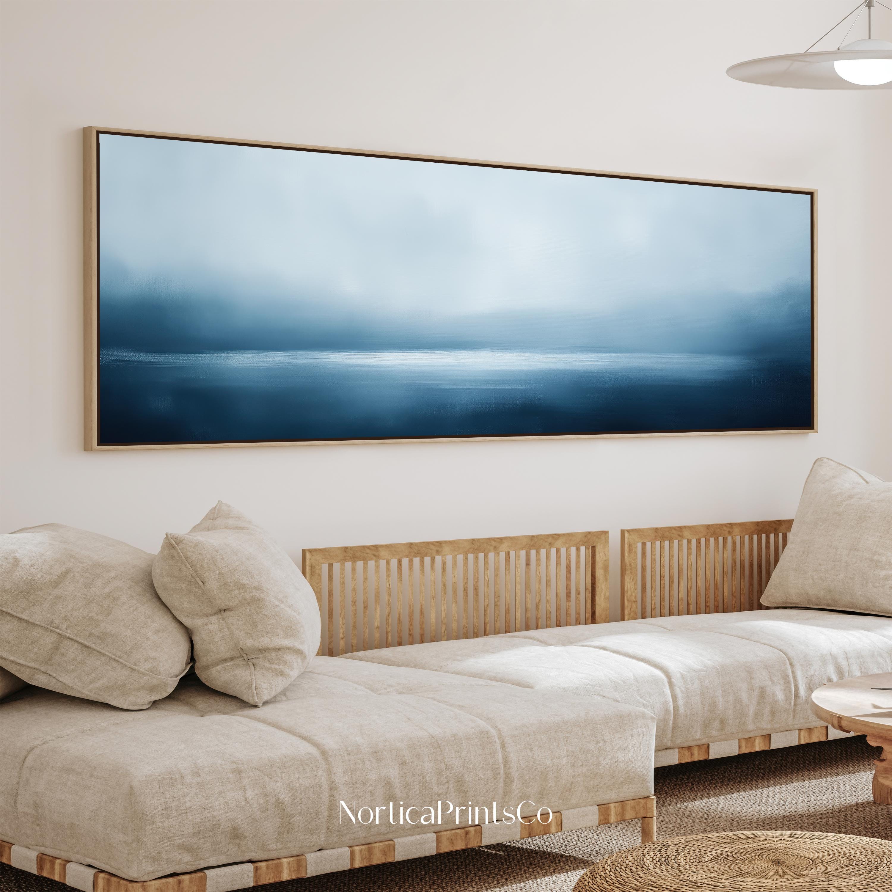 Abstract Blue Ocean Canvas Art Print, Minimalist Blue Wall Art, Long Narrow Horizontal Panoramic Art for Above Bed Decor | AAH017