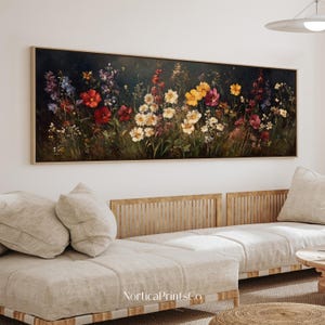 Wildflowers Spring Meadow Canvas Framed Art Print, Long Narrow Horizontal Wall Art, Colorful Panoramic Art Print, Above Bed Decor | AAH-013