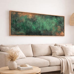 Abstract Rustic Green Copper Framed Canvas Print, Long Panoramic Art, Above Bed or Couch Wall Decor | 31-5