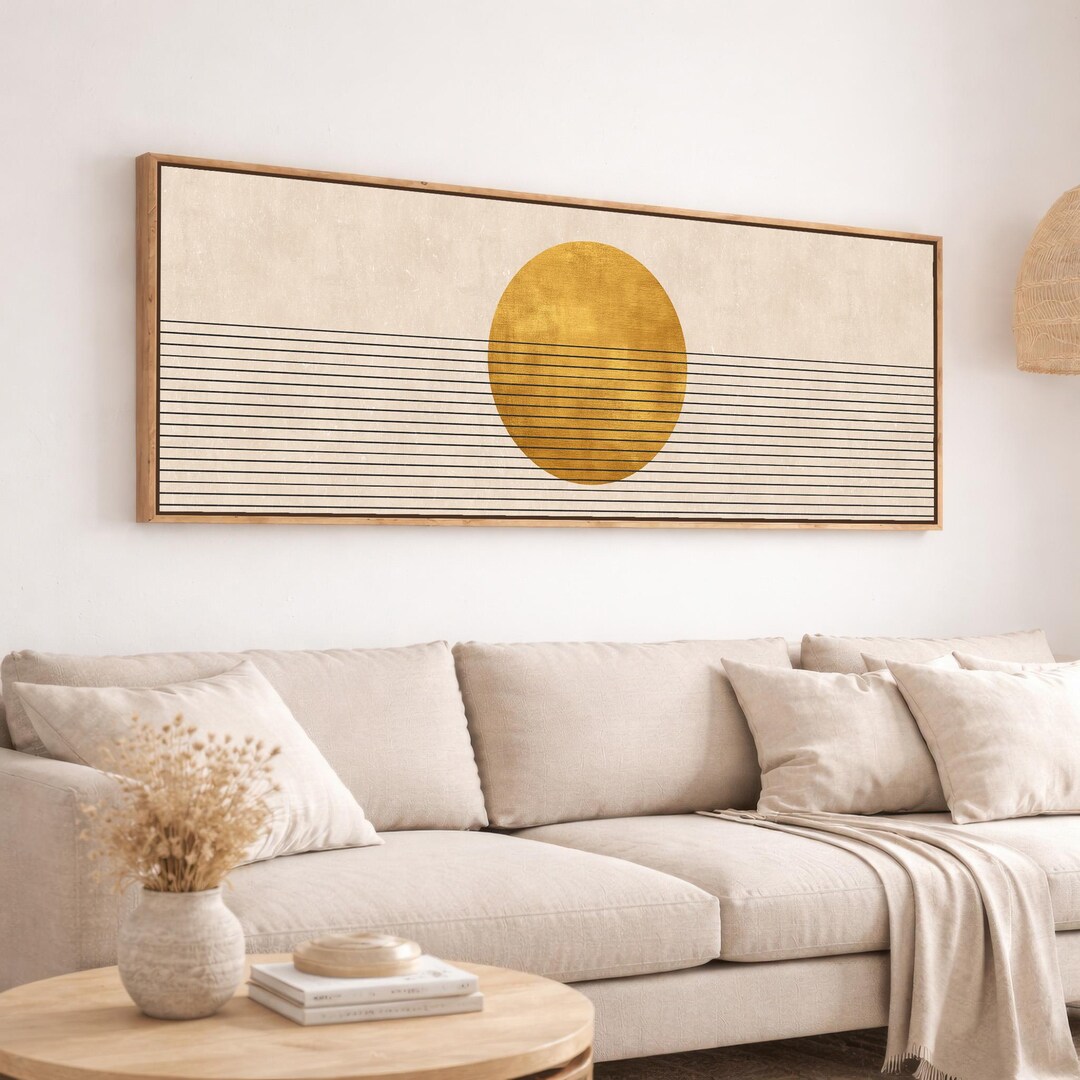 Minimalist Boho Sun Framed Canvas Print, Mid Century Panoramic Beige