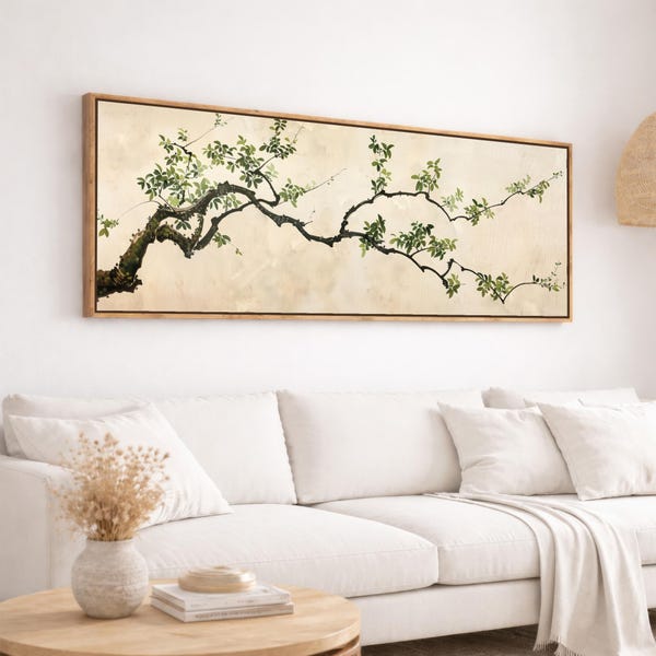 Japandi Panoramic Framed Canvas Print, Minimalist Asian Zen Tree Branch, Above Bed or Couch Decor | 31-148