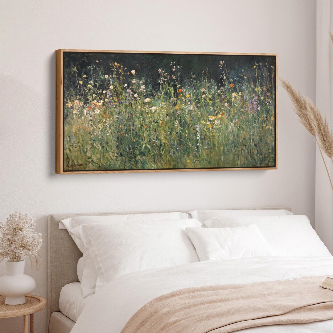 Wildflower Field Framed Canvas Print, Vintage Floral Landscape Wall Art ...