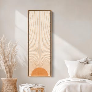 Tall Boho Abstract Sun Framed Canvas Print, Minimalist Long Vertical Warm Orange Mid Century Modern Wall Art | 13-52A