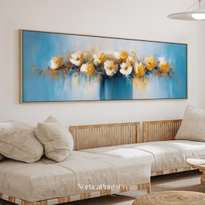 Blue and Yellow Abstract Floral Art Print, Long Narrow Horizontal Framed Canvas Wall Art, Modern Panoramic Art, Above Bed Decor | AAH016