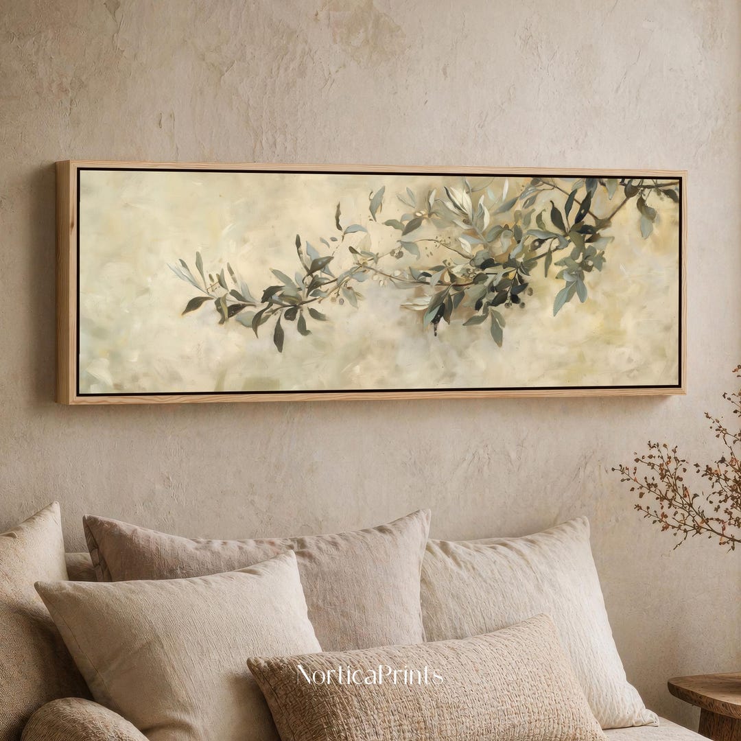 Olive Branch Framed Canvas Print, Long Horizontal Panoramic Neutral ...