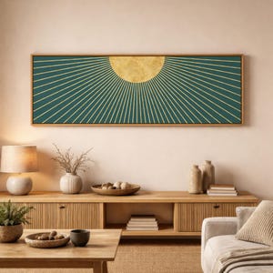 Boho Sun Framed Canvas Print, Retro Style Long Panoramic Art, Above Bed or Couch Wall Decor | 31-1