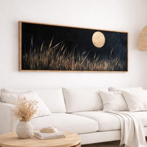 Full Moon Wildflowers Field Framed Canvas Print, Long Horizontal Midnight Panoramic Wall Art | 31-437