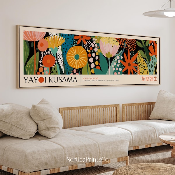 Yayoi Kusama Framed Poster, Large Horizontal Japanese Panoramic Wall Art, Modern Abstract Gallery Art Print, Japandi Home Decor | YKA-04