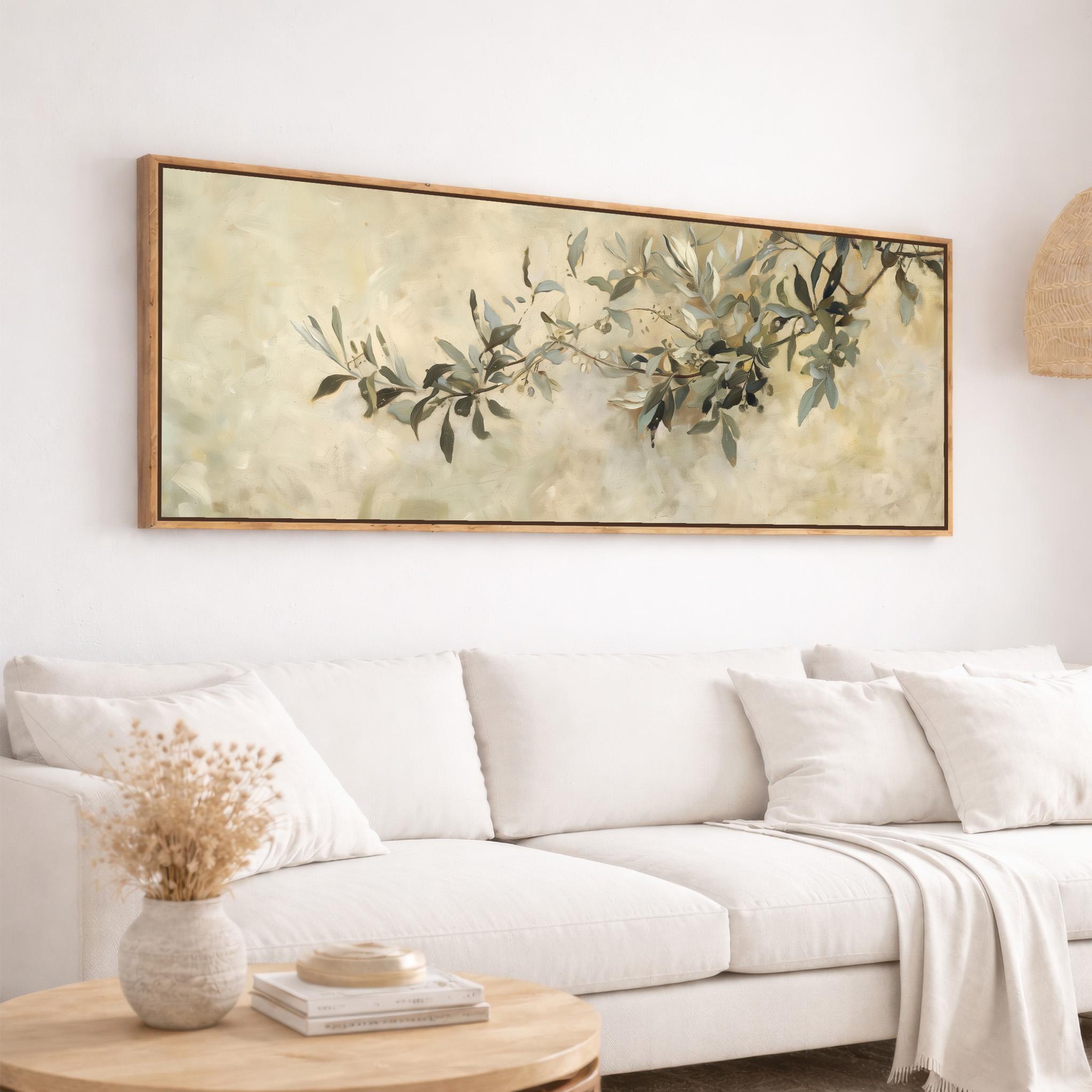 Olive Branch Framed Canvas Print, Long Horizontal Panoramic Neutral ...