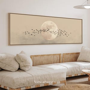 Full Moon Japandi Wall Art, Large Wide Canvas Print, Flying Birds Muted Beige Sky Art, Feng Shui Decor, Long Horizontal Canvas Art | AAH-055