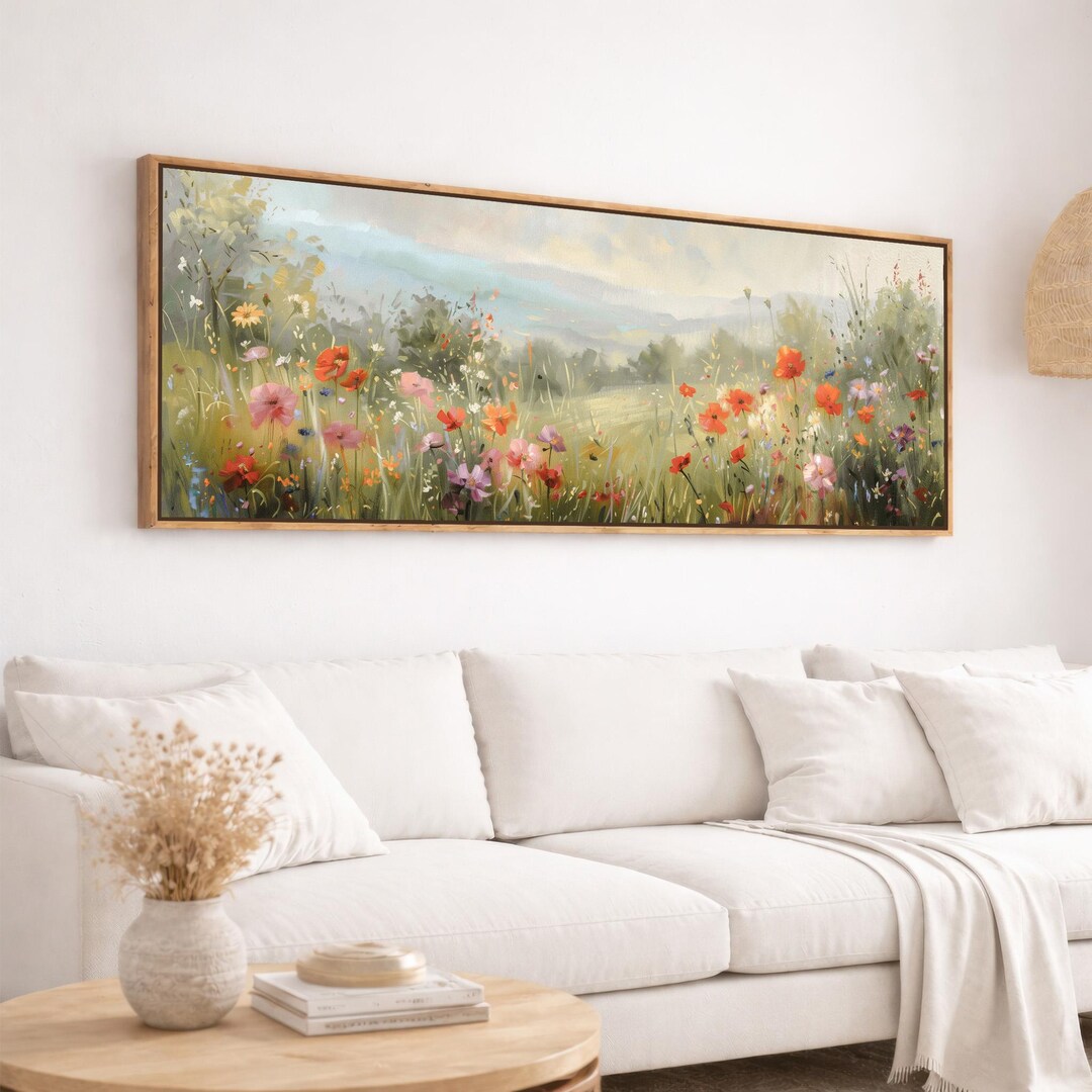 Wildflower Field Framed Canvas Print, Vintage Spring Meadow Landscape ...