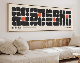 Mid Century Modern Panoramic Wall Art – Retro Long Narrow Horizontal Bauhaus Poster, Wide Framed Canvas, Above Bed Decor | BAH-17