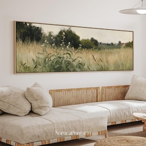 Vintage Wildflowers Field Framed Canvas Art Print, Long Narrow Horizontal Wall Art, Large Panoramic Landscape Art, Above Bed Decor | AAH-009