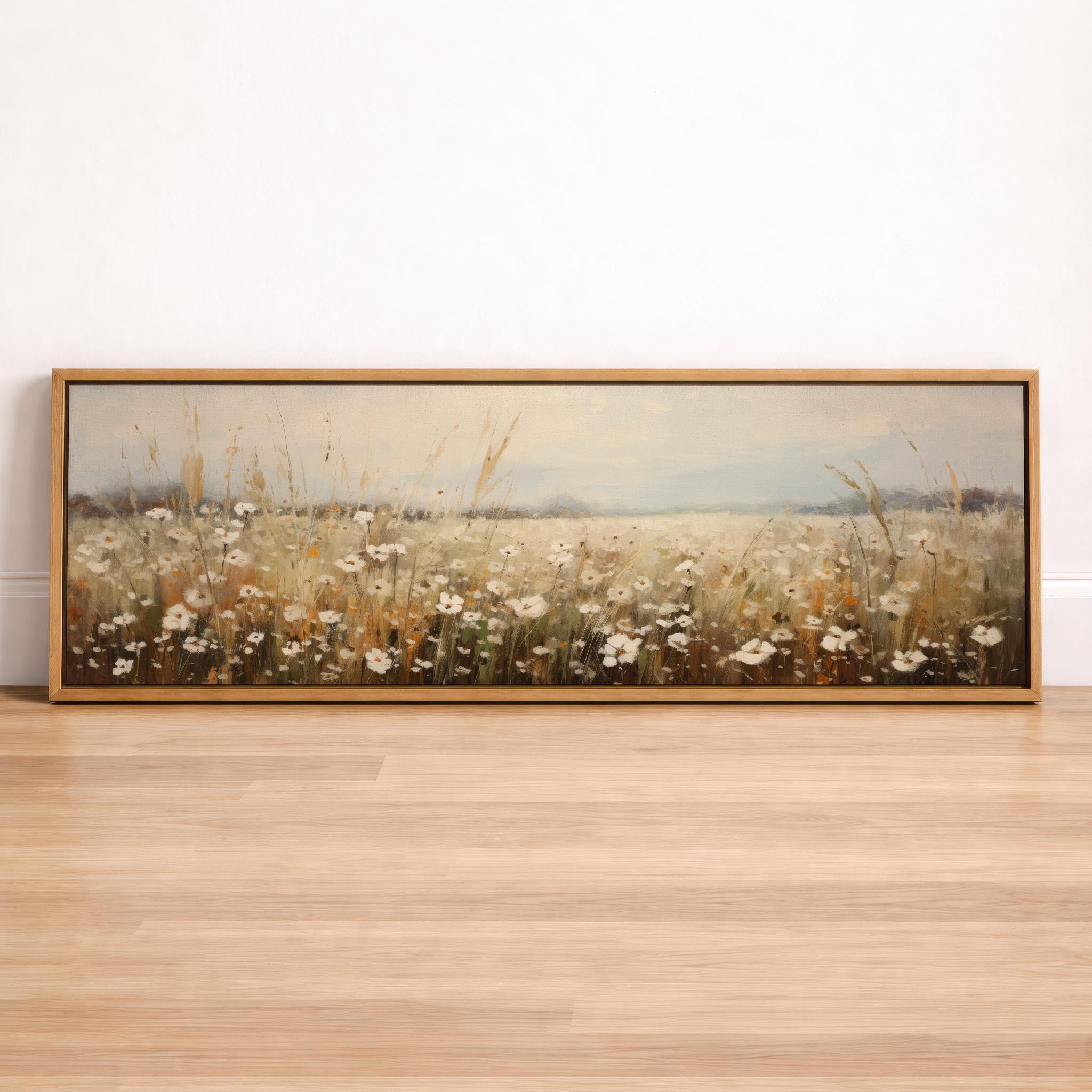 Wildflower Field Landscape Framed Canvas Print, Calm Vintage Panoramic ...