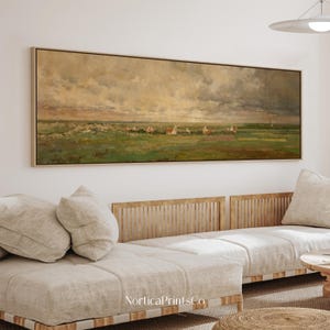 Vintage Countryside Landscape Canvas Print, Long Horizontal Rustic Village Fields Art Print, Panoramic Wall Art, Above Bed Decor | NAH007
