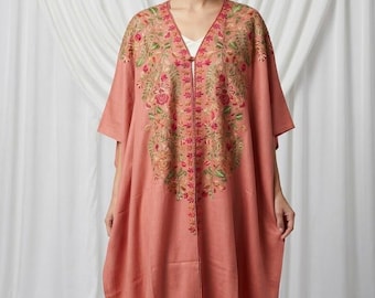 Luxury Kashmiri Pink Pashmina Cape Shawl | Floral Embroidery Wool Shawl