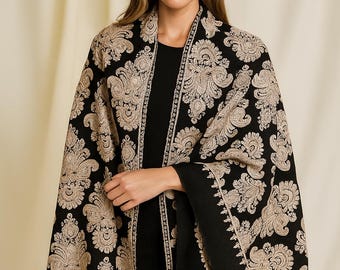 Luxury Black & Gold Kashmiri Pashmina Shawl – Embroidered Wrap for Women