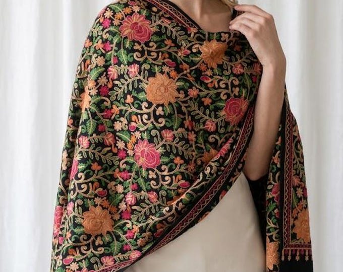Embroidered Black Pashmina Shawl: Kashmiri Floral Wool Wrap
