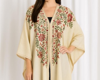 Embroidered Cream Pashmina Cape Shawl – Kashmiri Floral Design