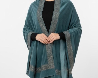 Elegant Grey Velvet Shawl with Stone Embroidery | Luxury Winter Wrap
