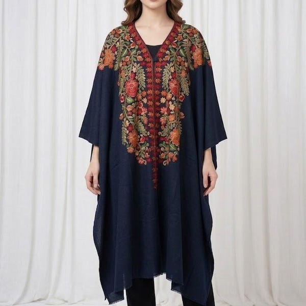Hand-Embroidered Kashmiri Wool Cape – Navy Blue Floral Pashmina Shawl
