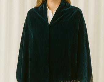 Teal Velvet Pashmina Shawl with Heavy Gold Stone Border | Full Size Evening Wrap