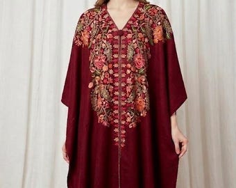 Embroidered Maroon Pashmina Cape Shawl | Full Size Wool Wrap | Kashmiri Style