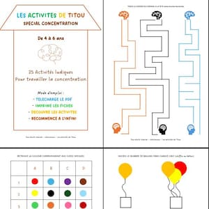Puede incluir: Una hoja de trabajo imprimible para niños de 4 a 6 años con actividades para ayudarles a concentrarse. La hoja de trabajo incluye un laberinto, una actividad de coincidencia de colores y una actividad de conteo. El título de la hoja de trabajo es "Les Activites de Titou Special Concentration".