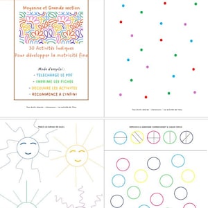 Peut inclure: Une feuille d'activités pour enfants intitulée "LES ACTIVITES DE TITOU SPECIAL GRAPHISME". La feuille propose des exercices tels que relier des points, tracer des rayons de soleil et reproduire des formes. Le texte indique que les activités sont conçues pour développer la motricité fine.