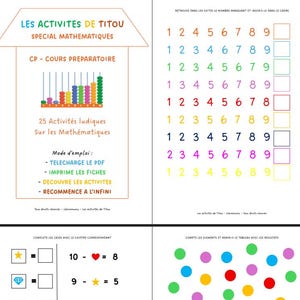 Peut inclure: Une feuille d'exercices éducatifs pour enfants intitulée "Les Activités de Titou". Elle propose des exercices de mathématiques, des suites de nombres et des activités de comptage. Le design comprend un boulier coloré et diverses formes.