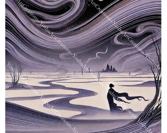 Paisaje invernal etéreo, arte mural místico imprimible, La noche envuelta en un sari