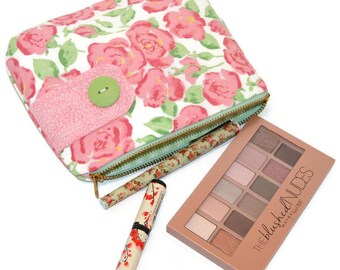 Makeup Bag, Cosmetic Bag, Zipper Pouch, Small Pink Flowered Clutch, Purse Organizer, Pink Floral Makeup Case