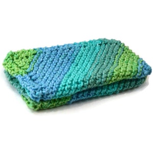 Hand Knit Dish Cloths, Set of 2, Knitted Dishcloths, Blue and Green Knit Dishcloths, Blue and Green Dish Rags image 2