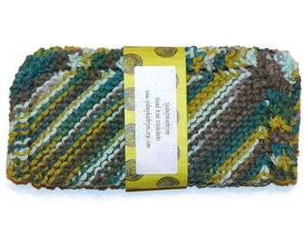 May include: A hand-knitted dishcloth in a green, brown and yellow striped pattern. The dishcloth is made by Sydney's Knittery and is available on their website.