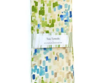Theedoeken, groene en blauwe penseelstreken, theedoeken, set van 2, decoratieve keukenhanddoeken, theedoeken, groen, blauw en wit