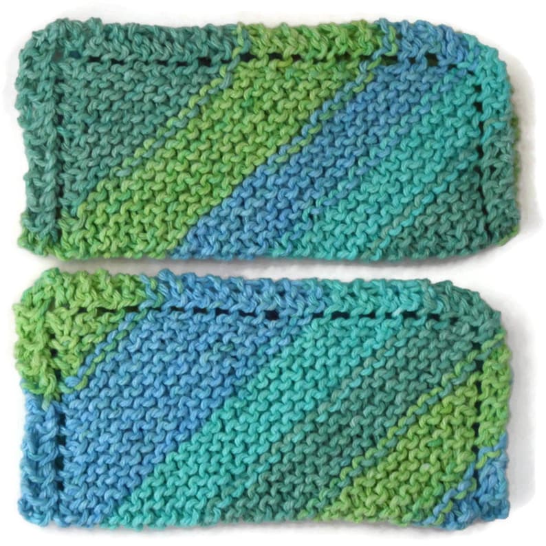 Hand Knit Dish Cloths, Set of 2, Knitted Dishcloths, Blue and Green Knit Dishcloths, Blue and Green Dish Rags image 3