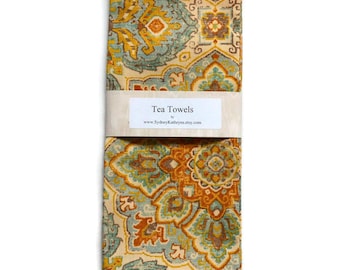 Tea Towels, Aqua, Rust, and Gold,  Southwestern Colors, Dish Towels, Set of 2, Decorative Kitchen Towels