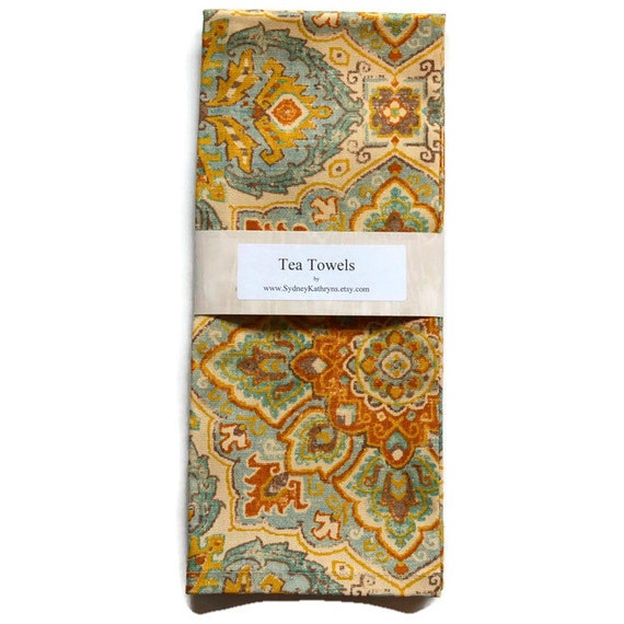 Tea Towels, Aqua, Rust, and Gold, Southwestern Colors, Dish Towels